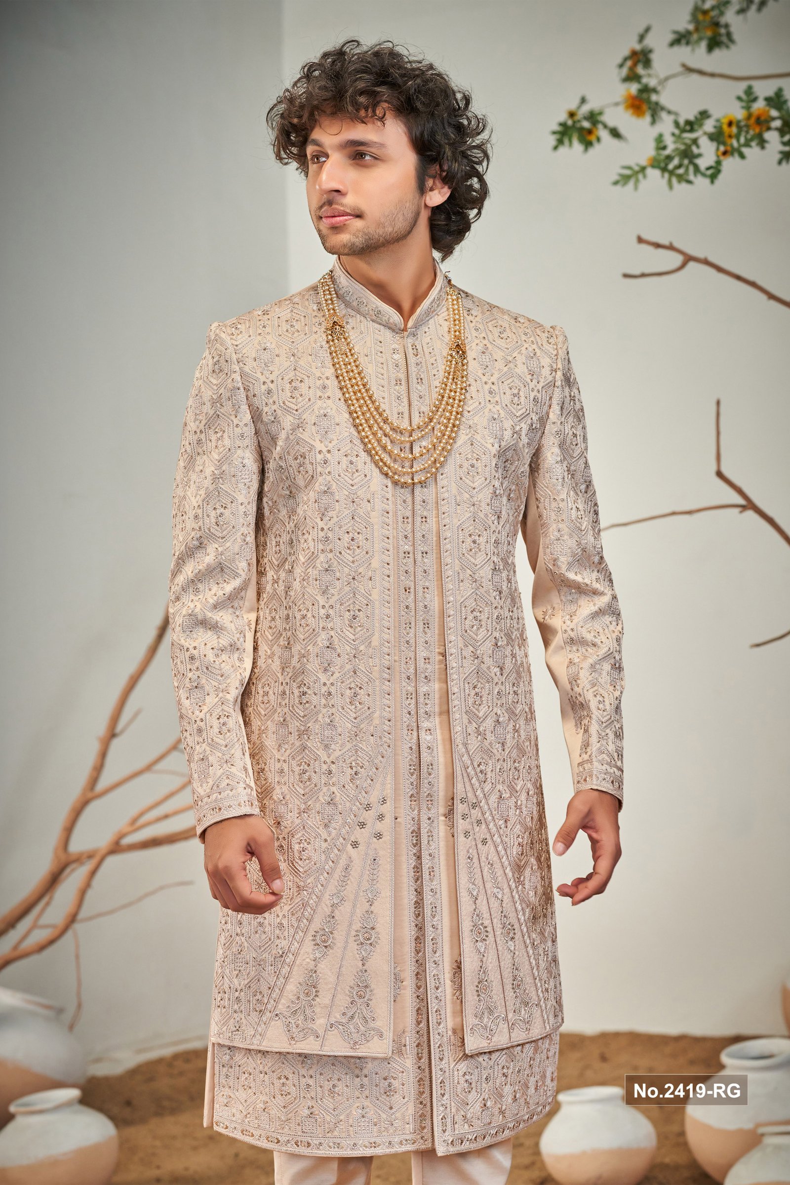 Designer Peach Embroidery Stone Work Wedding Sherwani