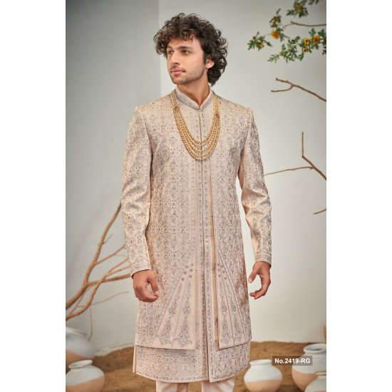 Designer Peach Embroidery Stone Work Wedding Sherwani