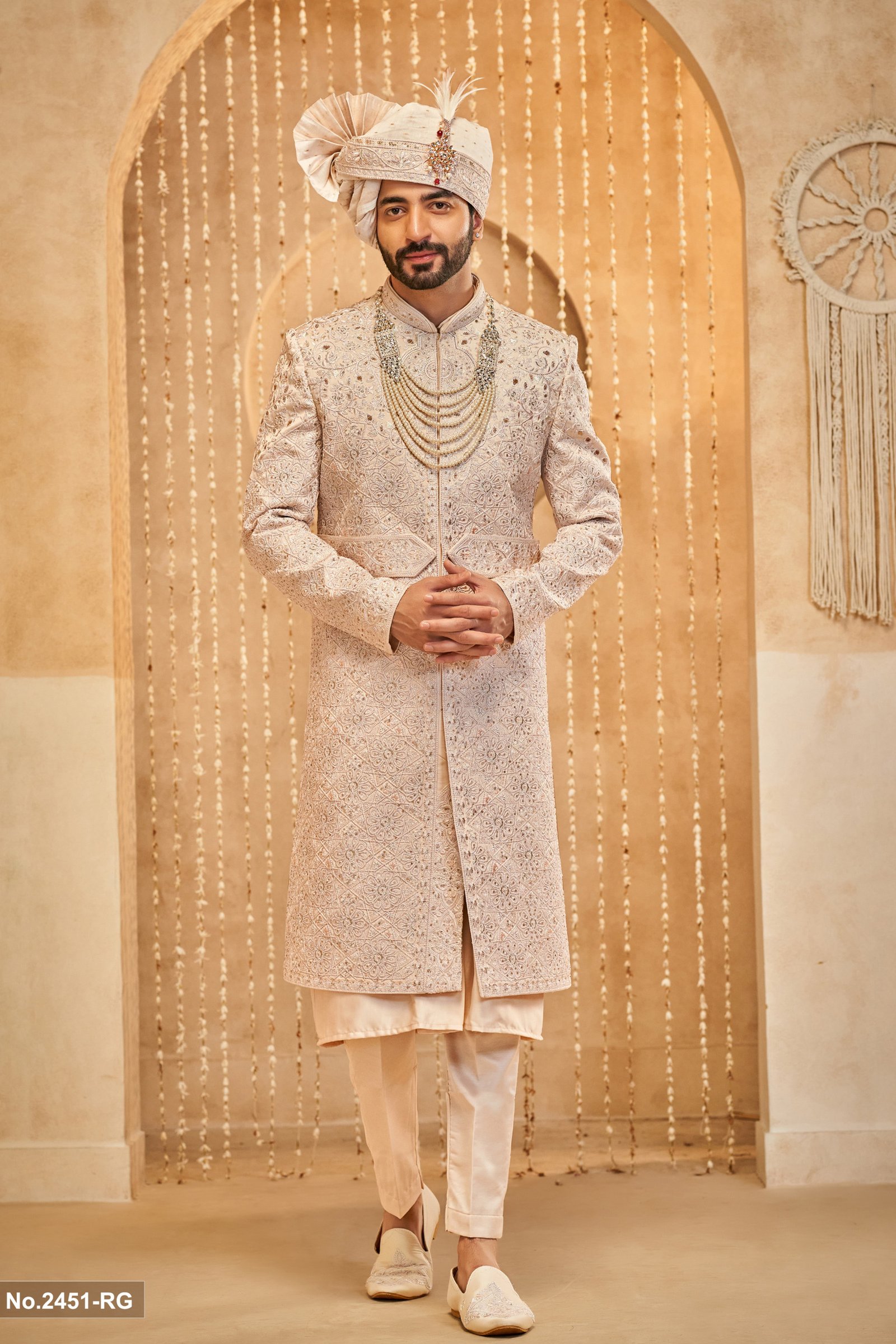 Designer Peach Color Stone Work Belt Pattern Wedding Sherwani