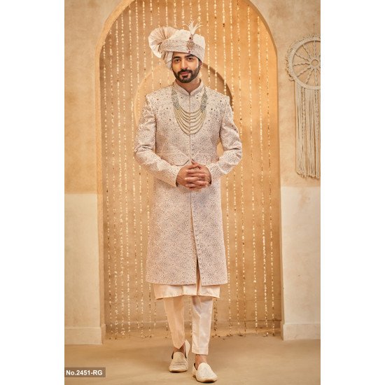 Designer Peach Color Stone Work Belt Pattern Wedding Sherwani