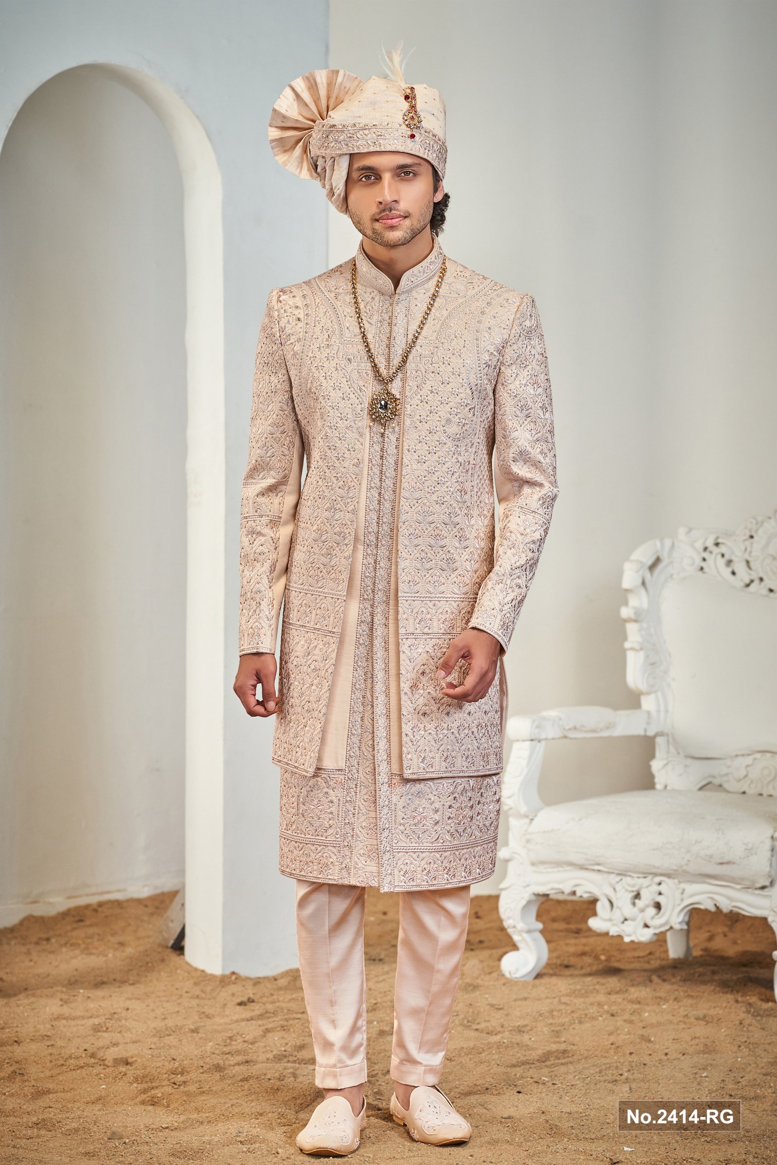 Designer Peach Double Pattern Sequence Work Groom Sherwani 