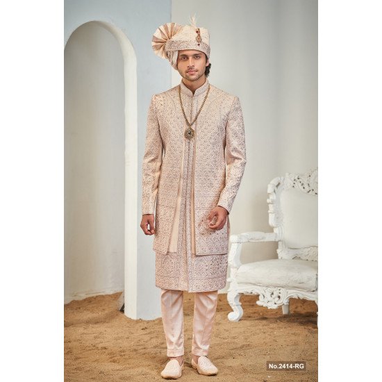 Designer Peach Double Pattern Sequence Work Groom Sherwani 