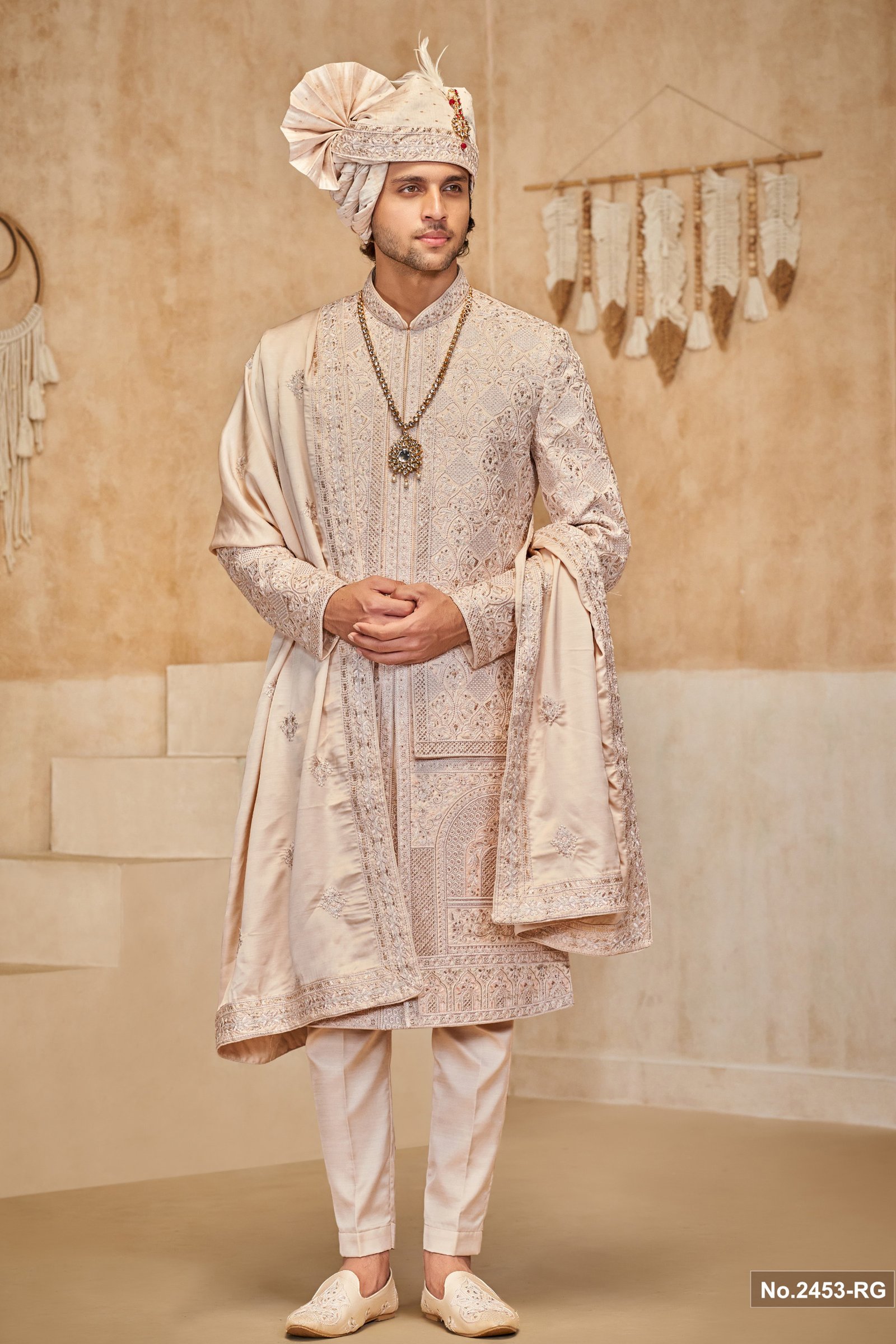 Designer Double Pattern Sequence Work Peach Sherwani