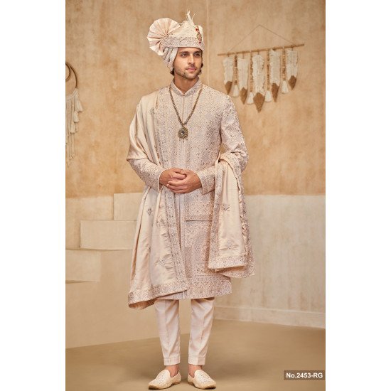 Designer Double Pattern Sequence Work Peach Sherwani