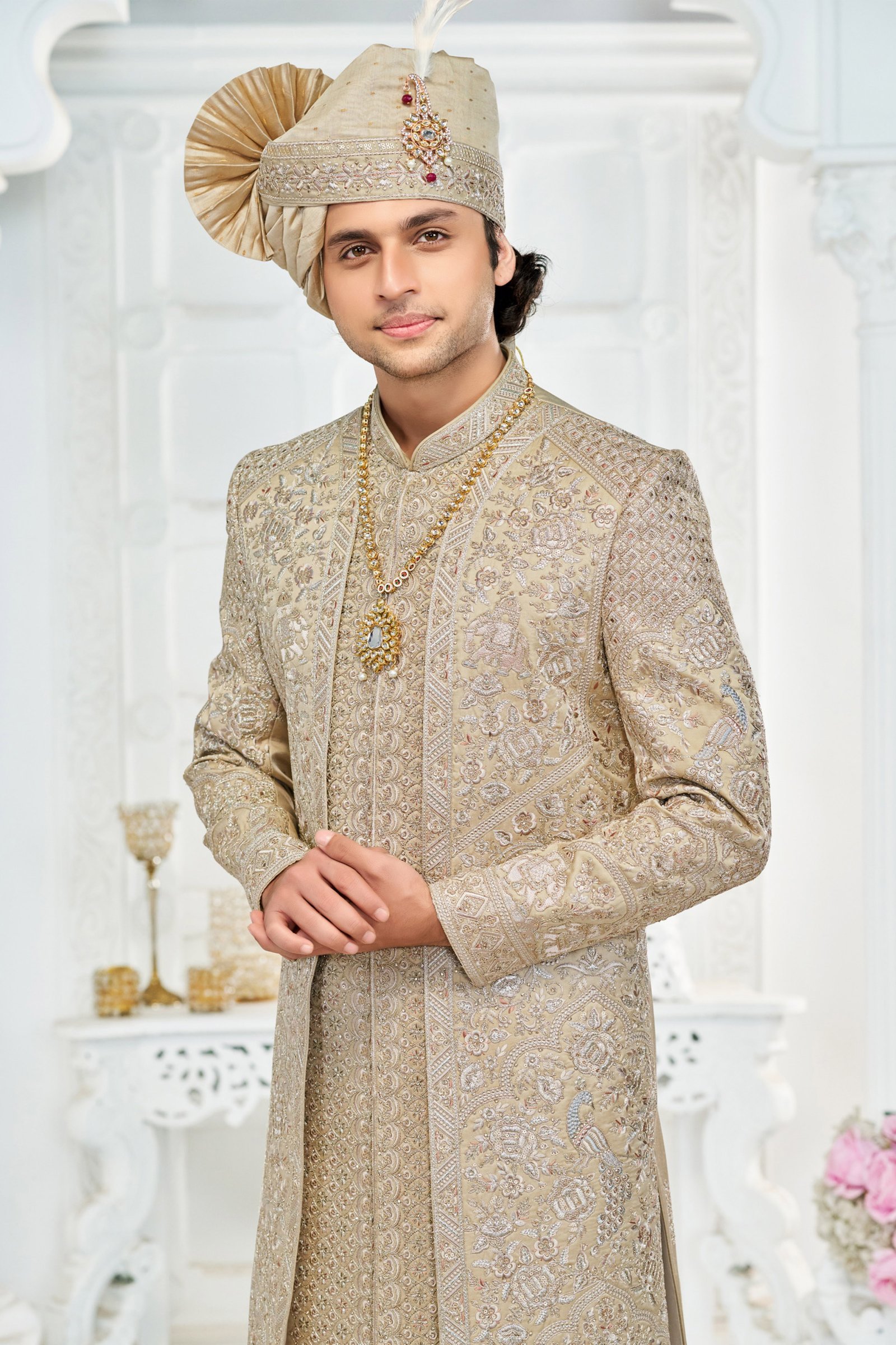 Designer Dusty Gold Double Pattern Groom Sherwani
