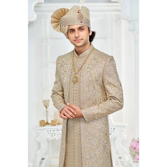 Designer Dusty Gold Double Pattern Groom Sherwani