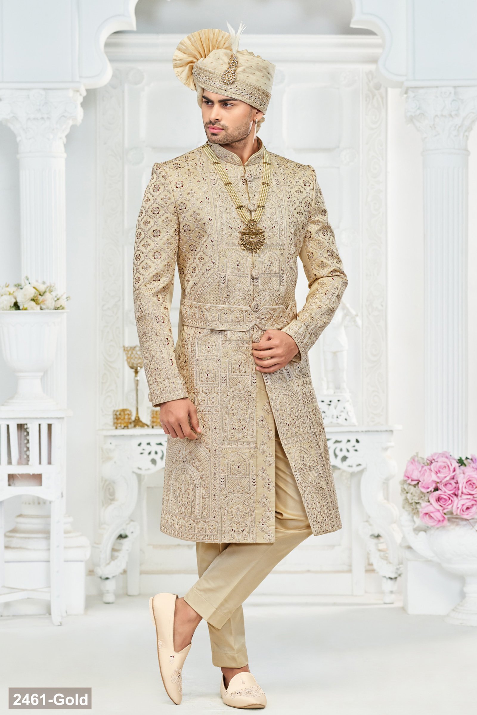Designer Dusty Gold Belt Pattern Groom Sherwani