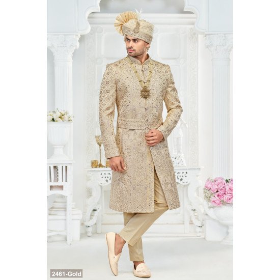 Designer Dusty Gold Belt Pattern Groom Sherwani