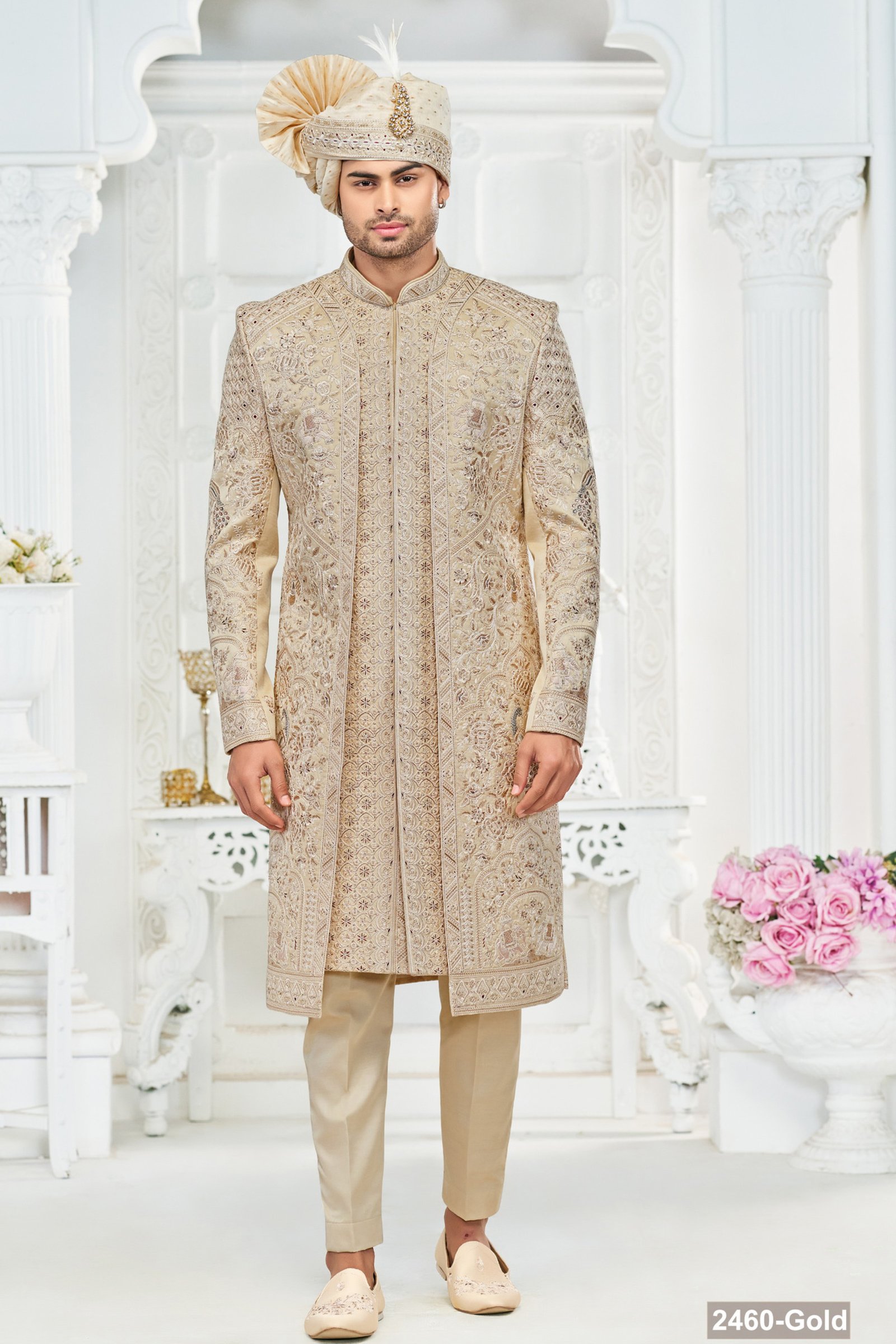Designer Dusty Gold Motif Pattern Wedding Sherwani 