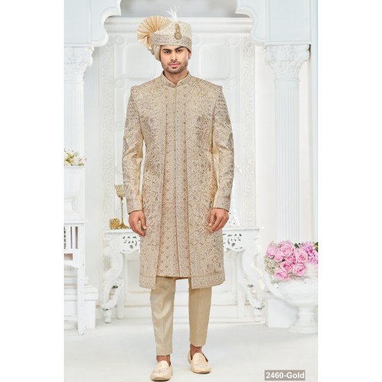 Designer Dusty Gold Motif Pattern Wedding Sherwani 