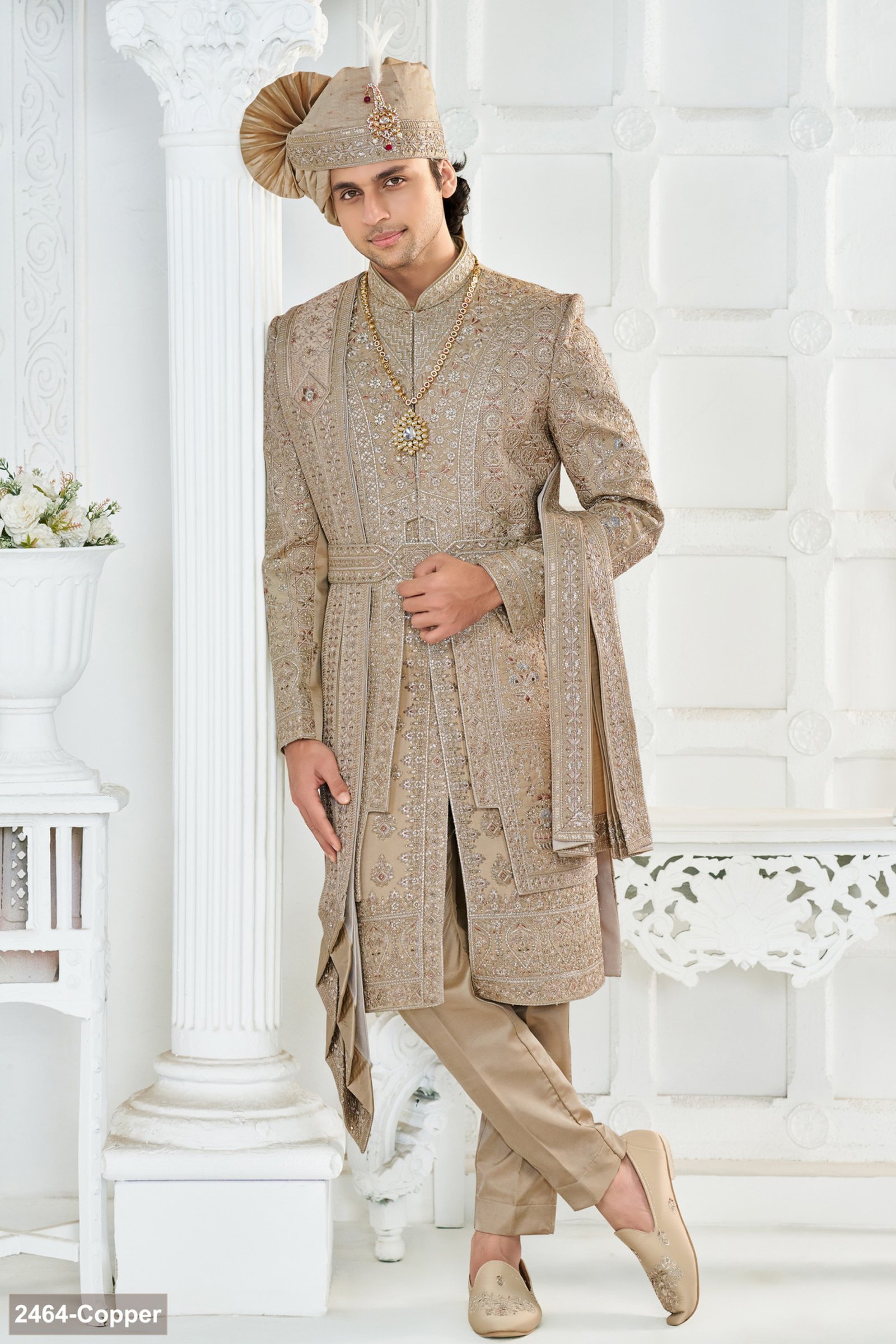 Designer Dusty Gold Double Belt Pattern Groom Sherwani