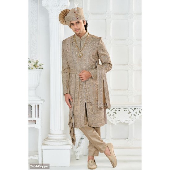 Designer Dusty Gold Double Belt Pattern Groom Sherwani
