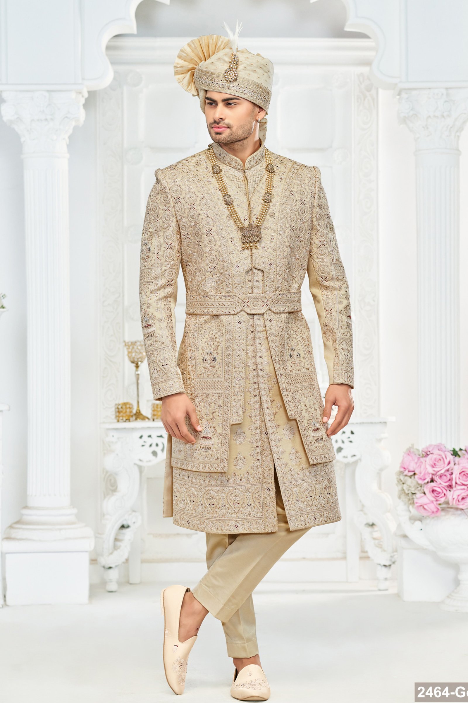 Designer Cream Double Belt Pattern Wedding Sherwani
