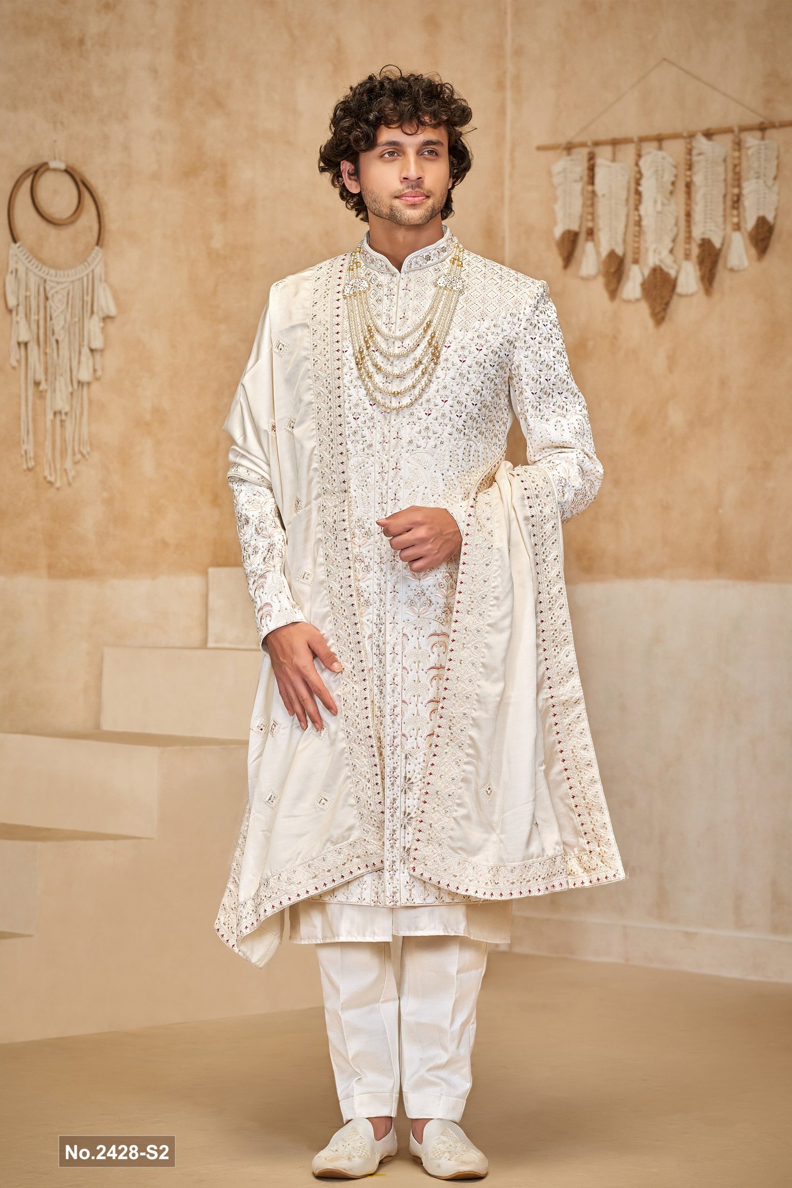 Designer White Sequence & Stone Work Wedding Sherwani