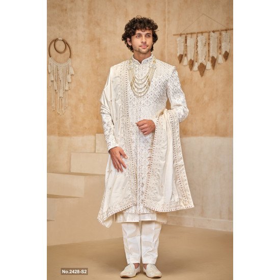 Designer White Sequence & Stone Work Wedding Sherwani