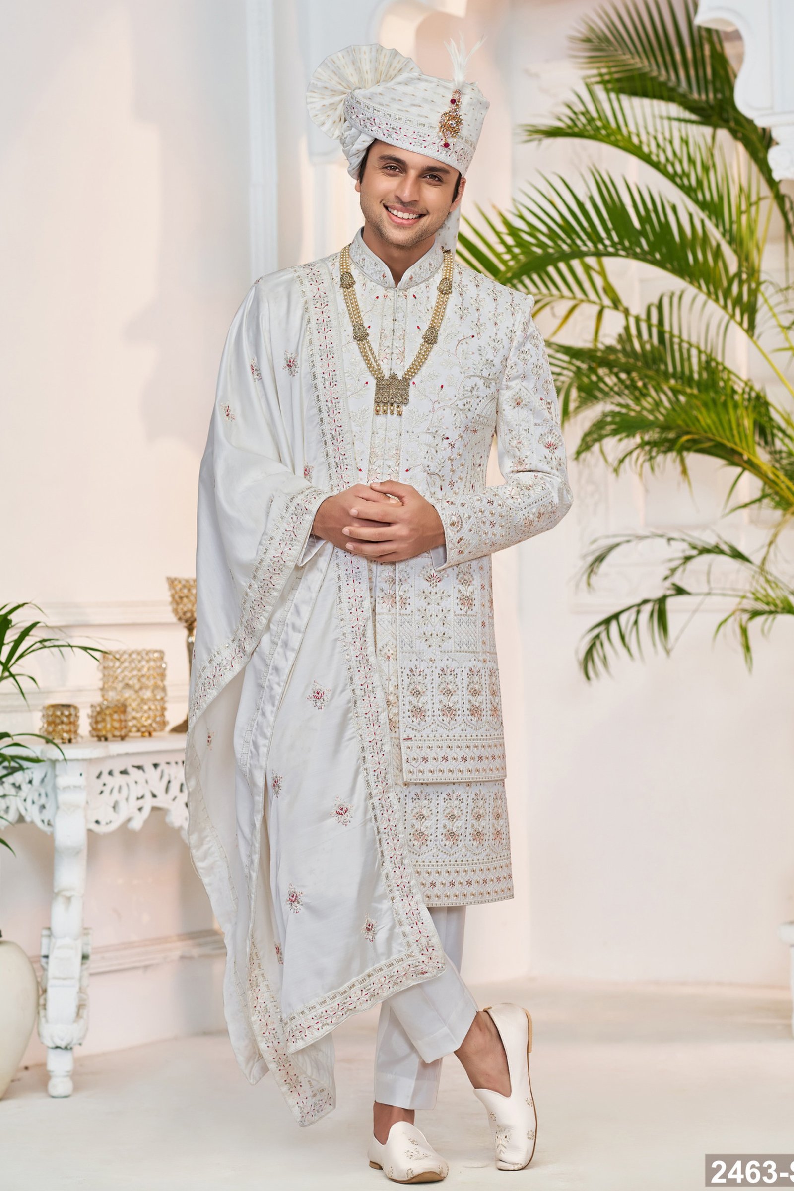 Designer White Double Pattern With Red Touch Wedding Sherwani