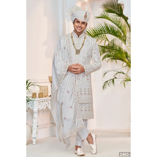 Designer White Double Pattern With Red Touch Wedding Sherwani