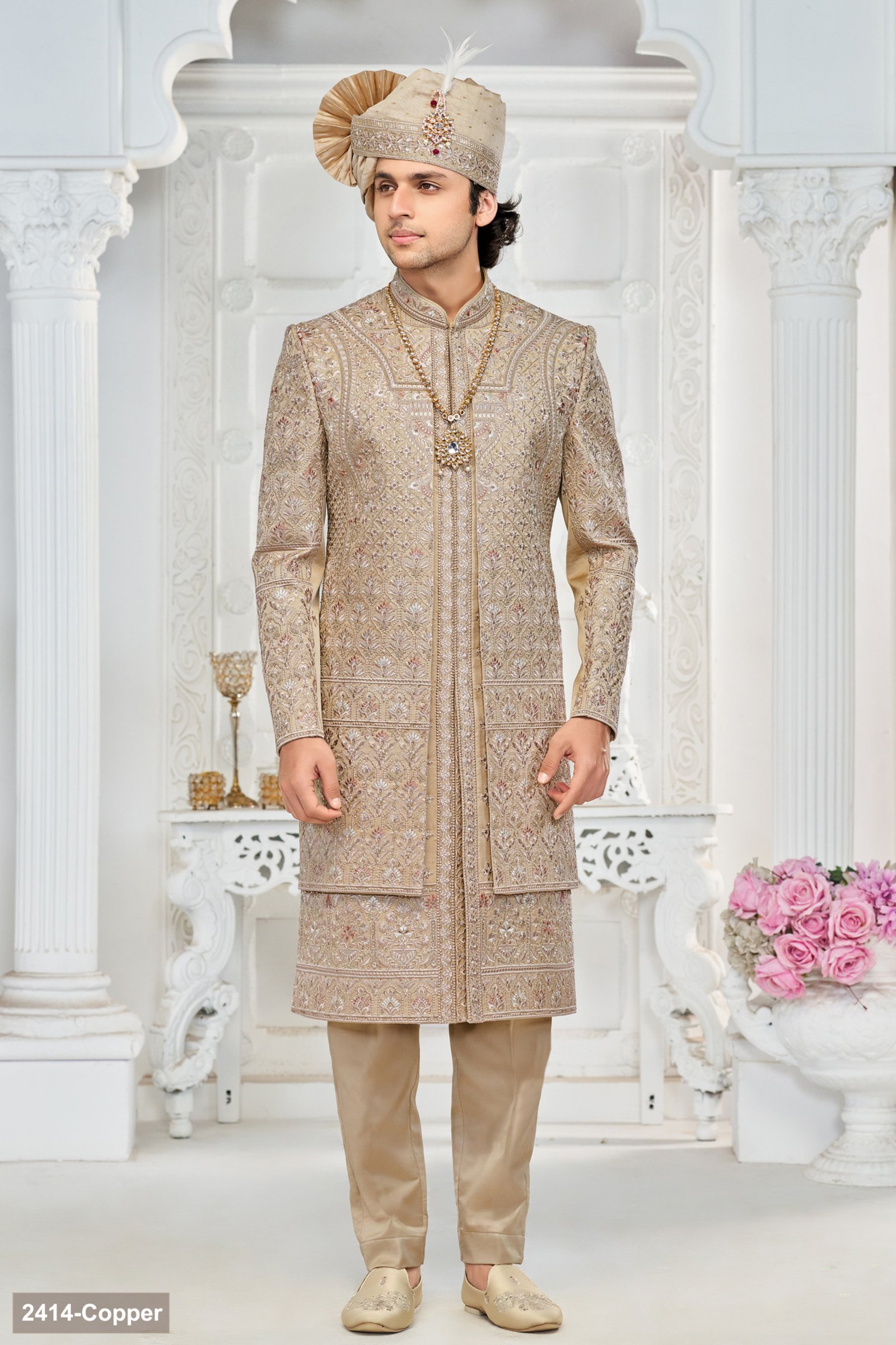 Designer Dusy Double Pattern Peach Touch Wedding Sherwani For Men