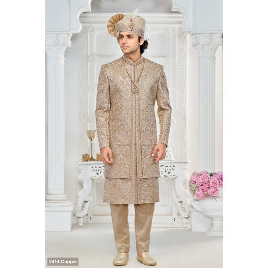 Designer Dusy Double Pattern Peach Touch Wedding Sherwani For Men