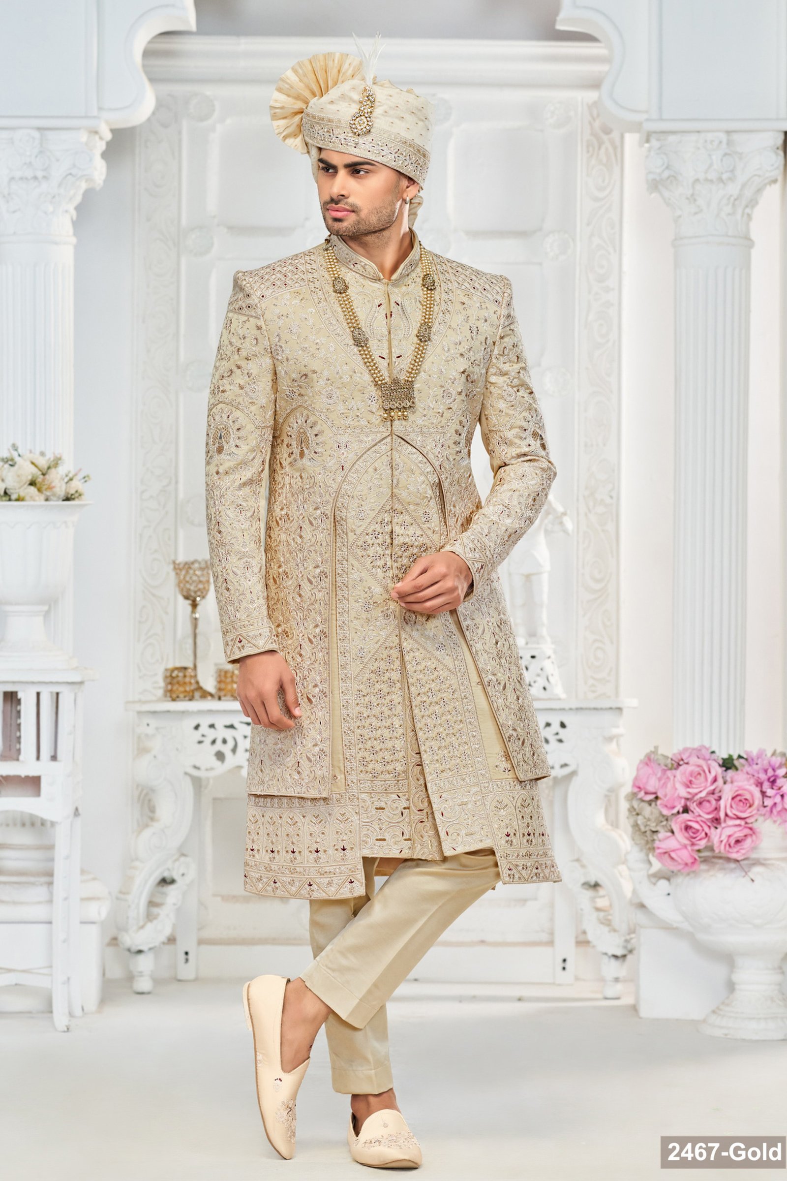 Designer Motif Work Dusty Gold Wedding Sherwani For Groom