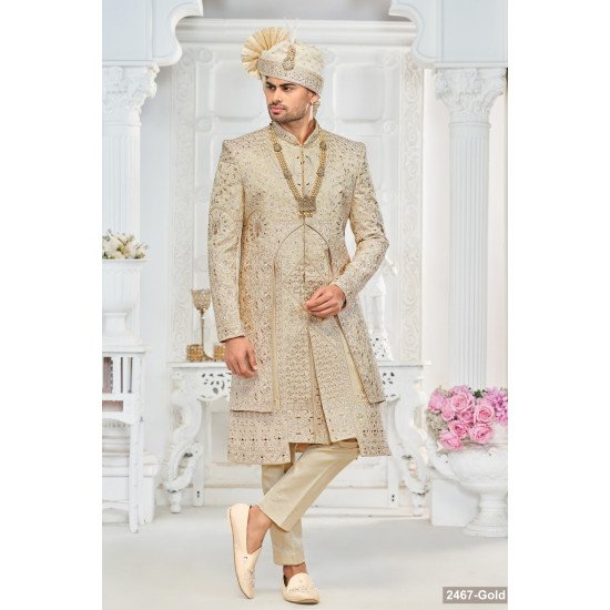 Designer Motif Work Dusty Gold Wedding Sherwani For Groom