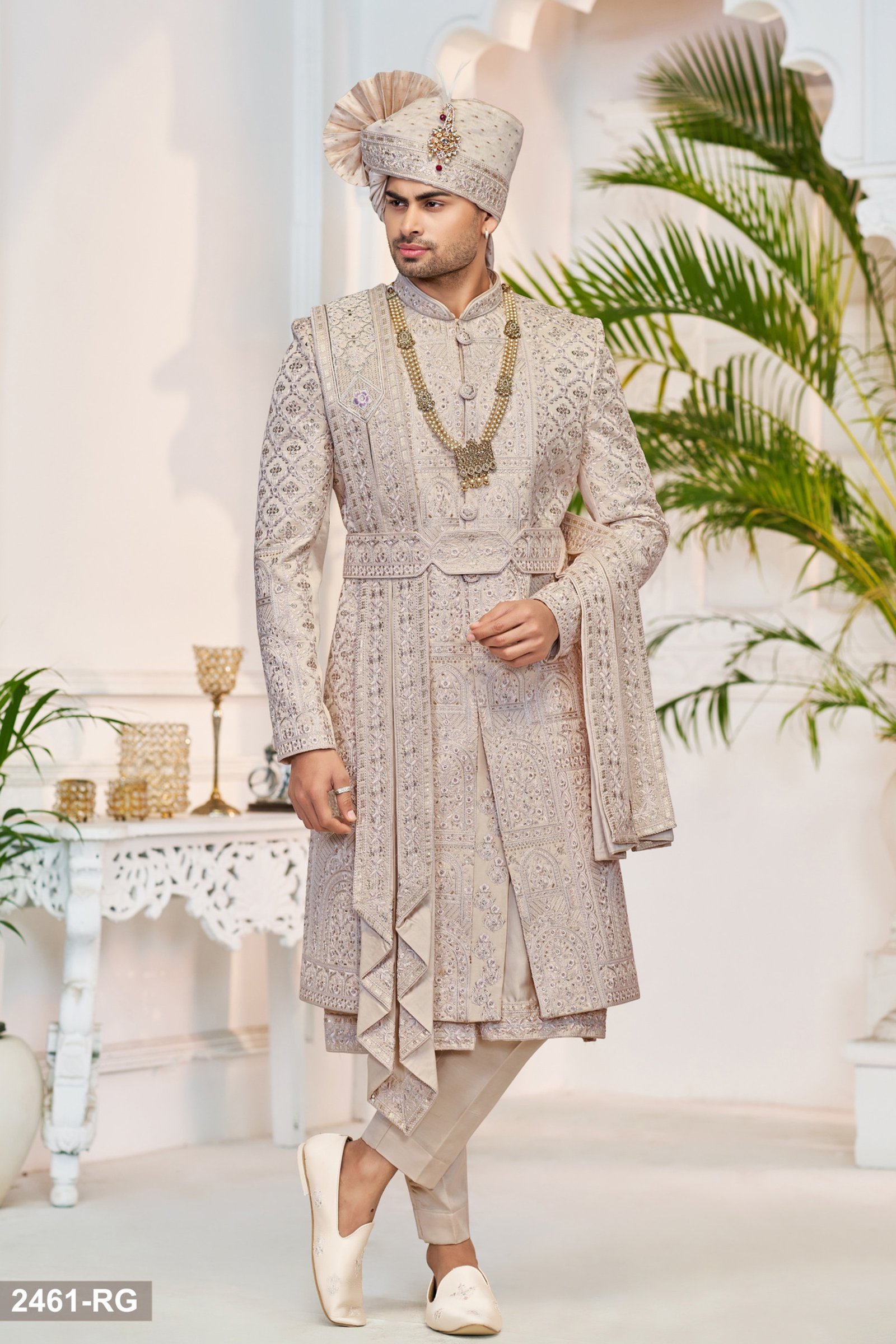 Designer Beige Color Belt Pattern Groom Sherwani With Kurta