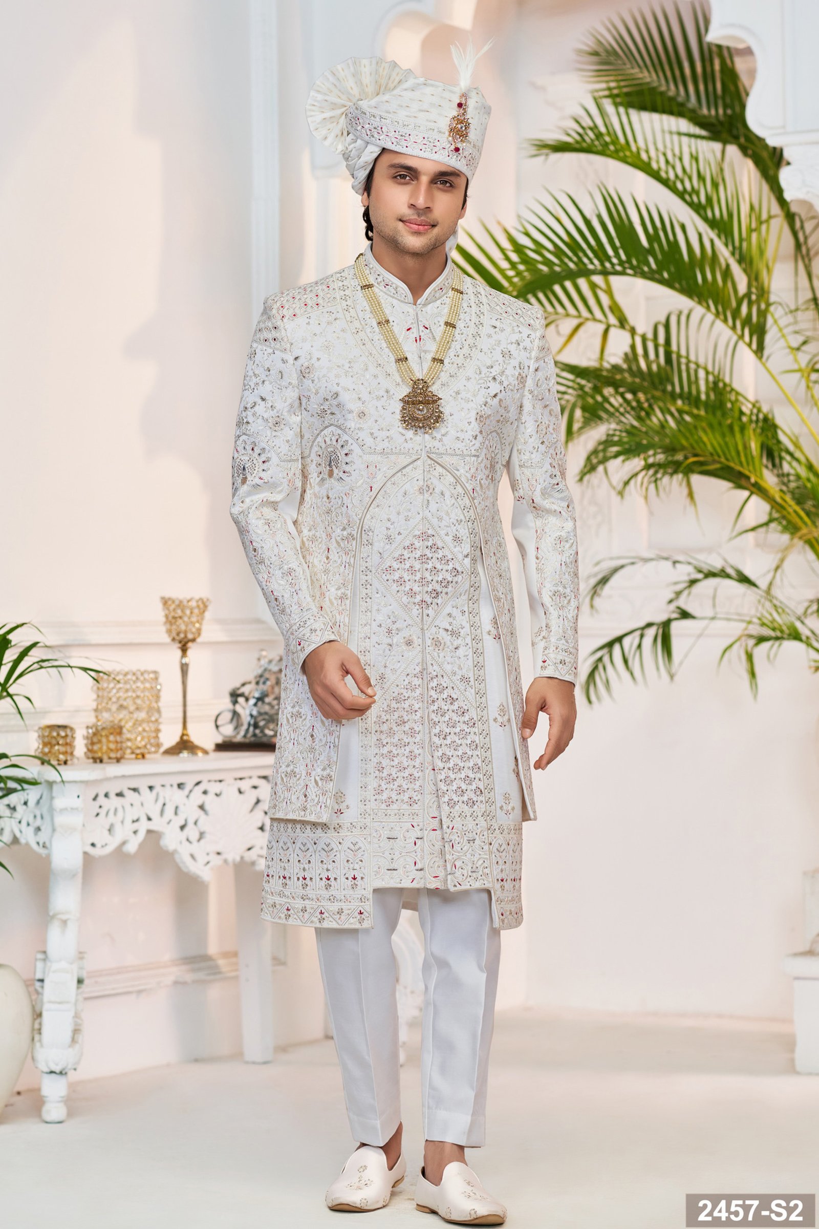 Designer White Motif Work Sherwani For Groom