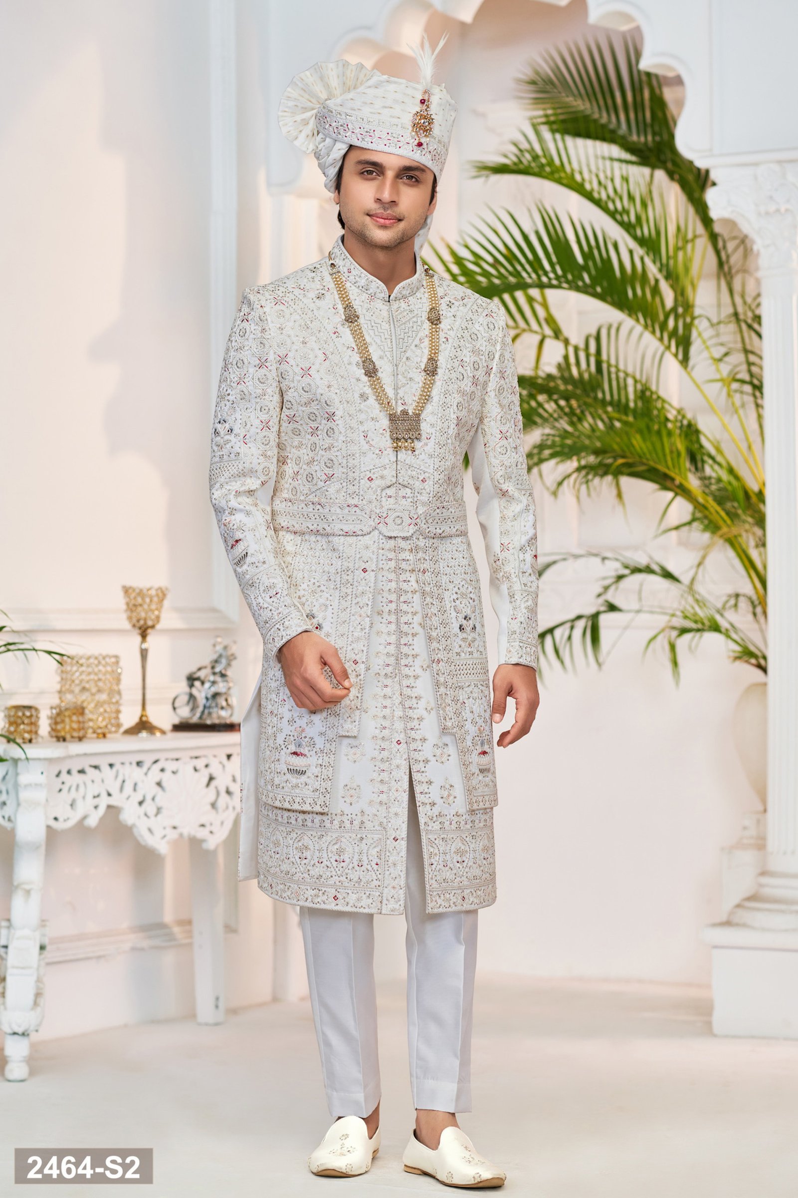 Designer White Double Belt Pattern Groom Sherwani