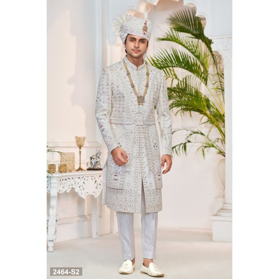 Designer White Double Belt Pattern Groom Sherwani