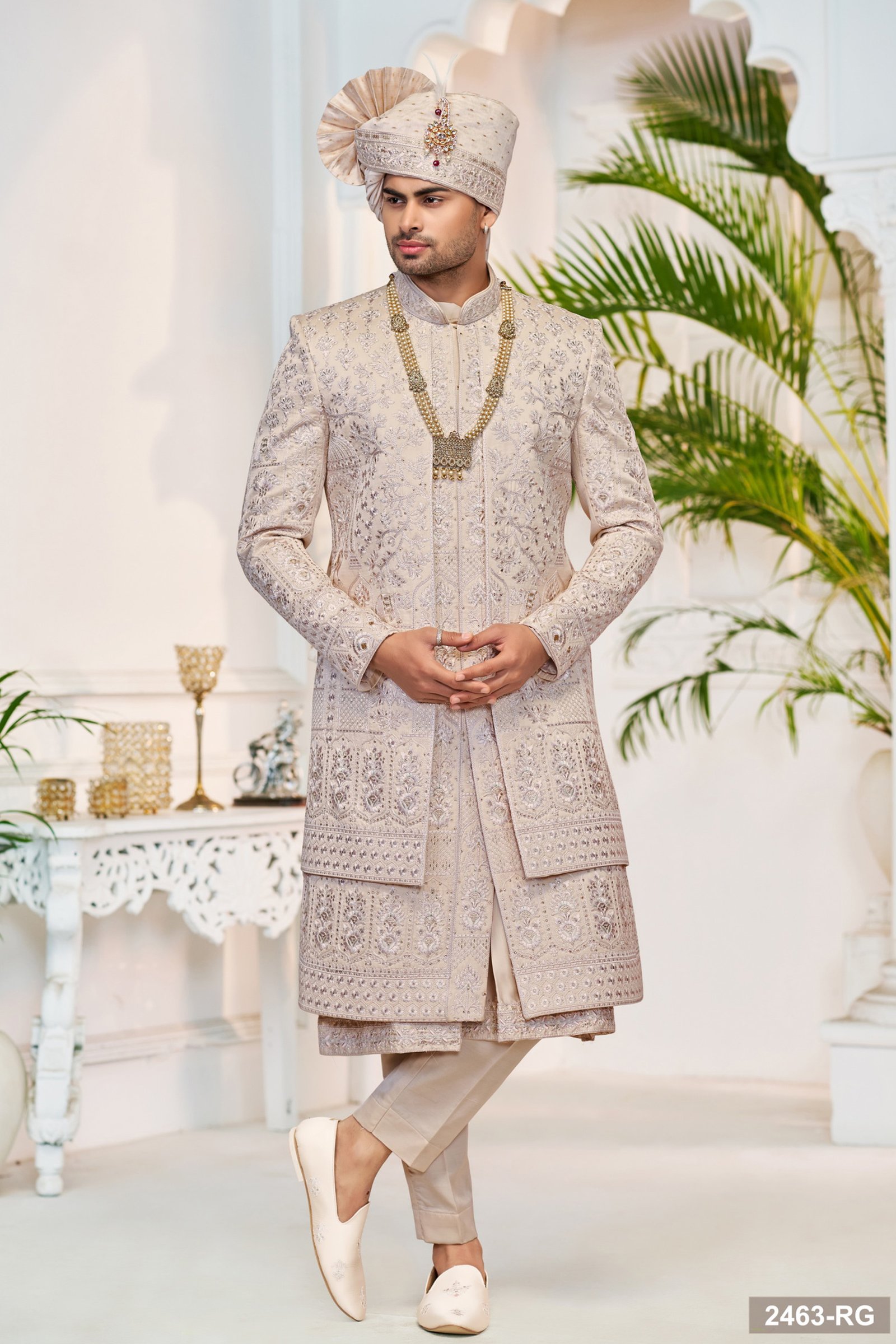 Designer Beige Embroidery & Stone Work Double Pattern Groom Sherwani
