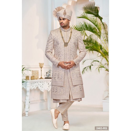 Designer Beige Embroidery & Stone Work Double Pattern Groom Sherwani