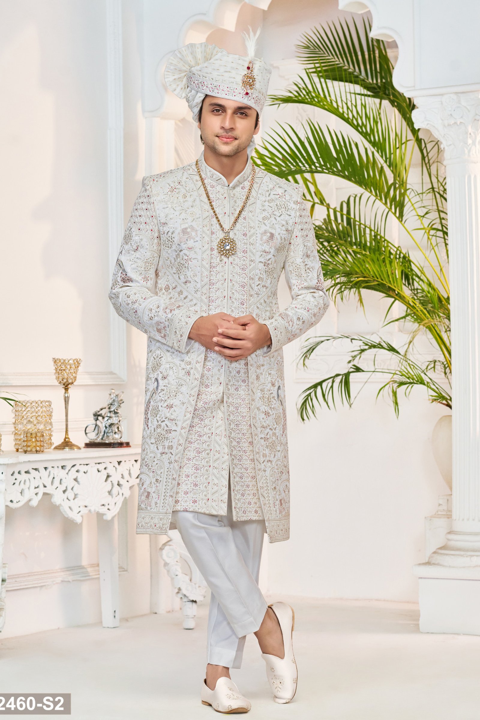 Designer White Motif Work Double Pattern Wedding Sherwani