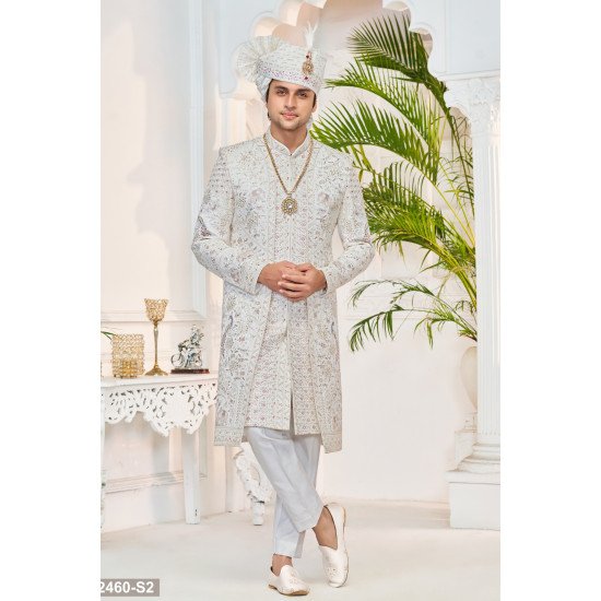 Designer White Motif Work Double Pattern Wedding Sherwani