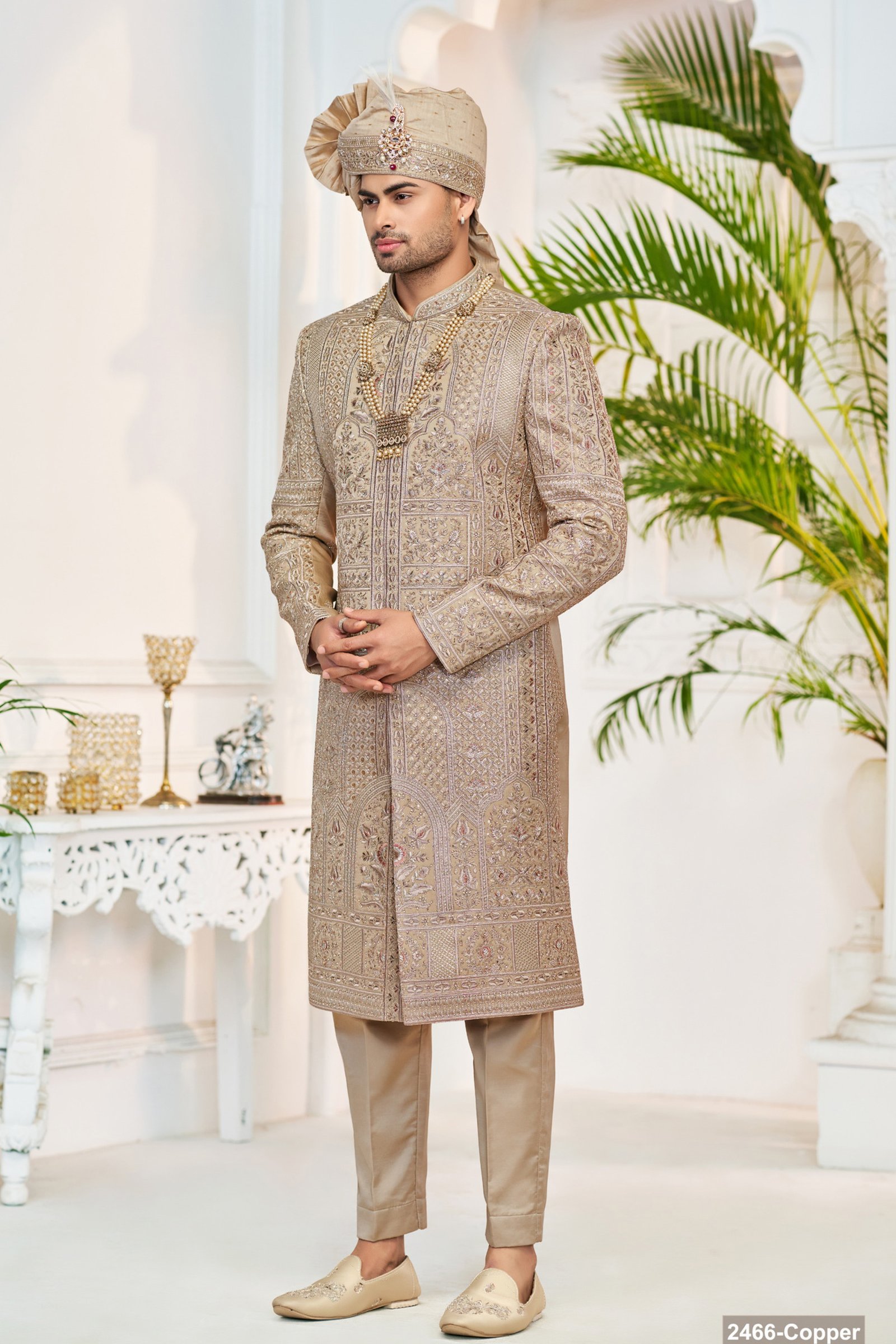 Designer Dusty Gold Achkan Pattern Wedding Sherwani 