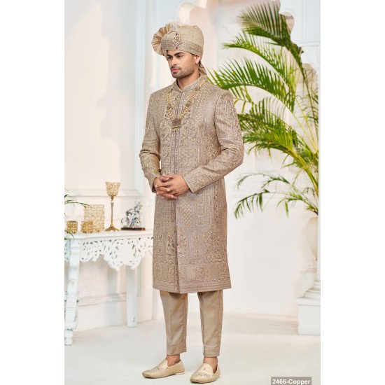 Designer Dusty Gold Achkan Pattern Wedding Sherwani 