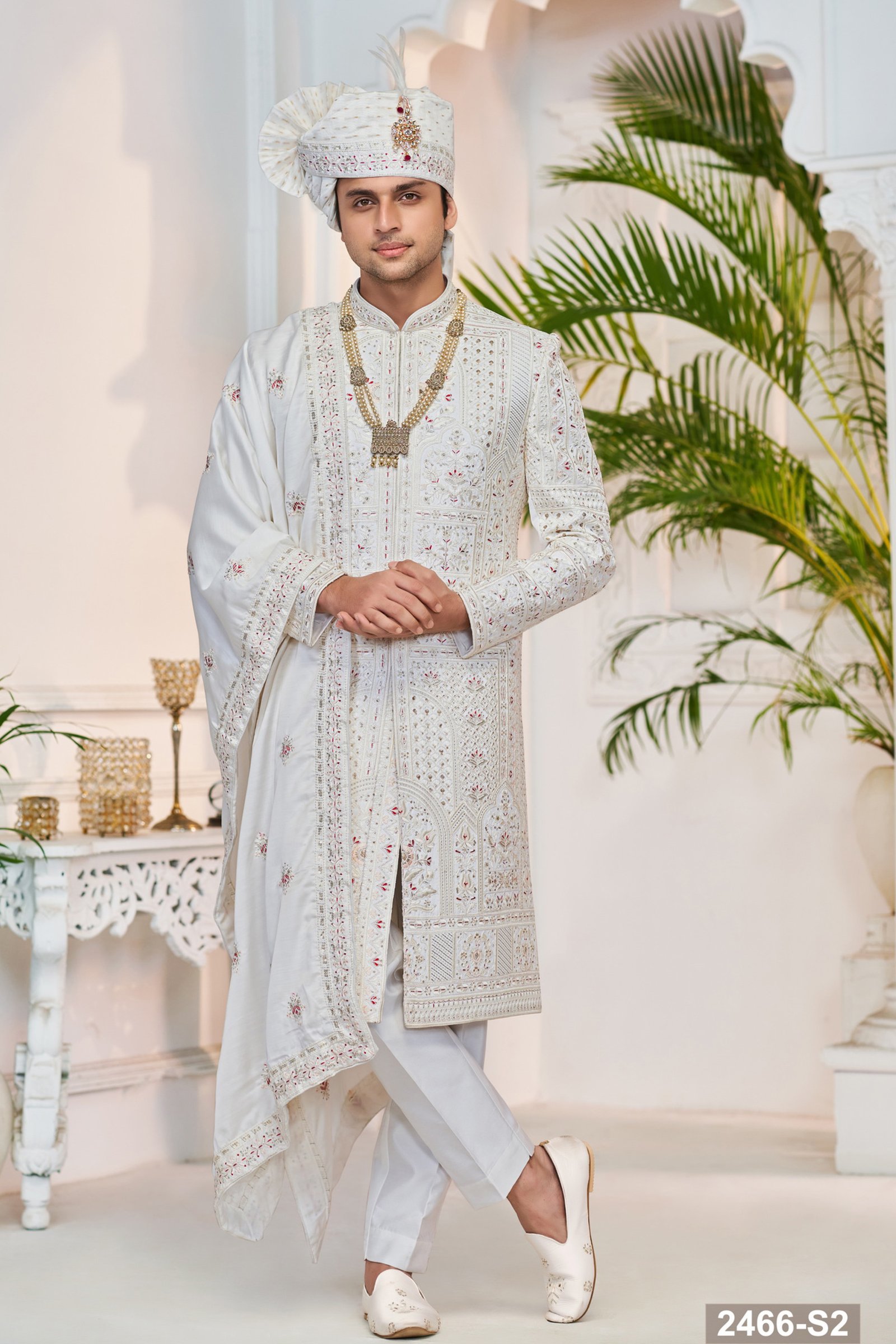 Designer White Mehroon Touch Achkan Pattern Sherwani 