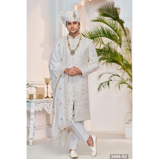 Designer White Mehroon Touch Achkan Pattern Sherwani 