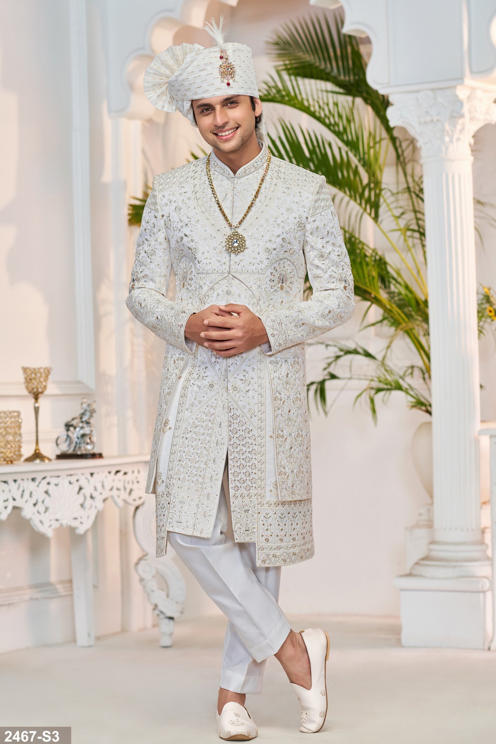 Designer White Double Pattern Stone Work Sherwani