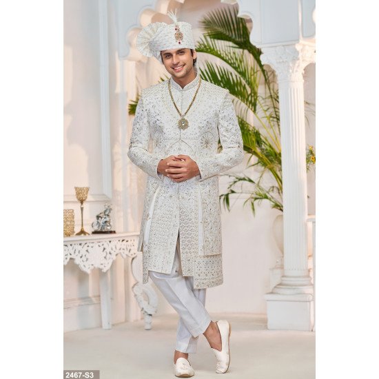 Designer White Double Pattern Stone Work Sherwani