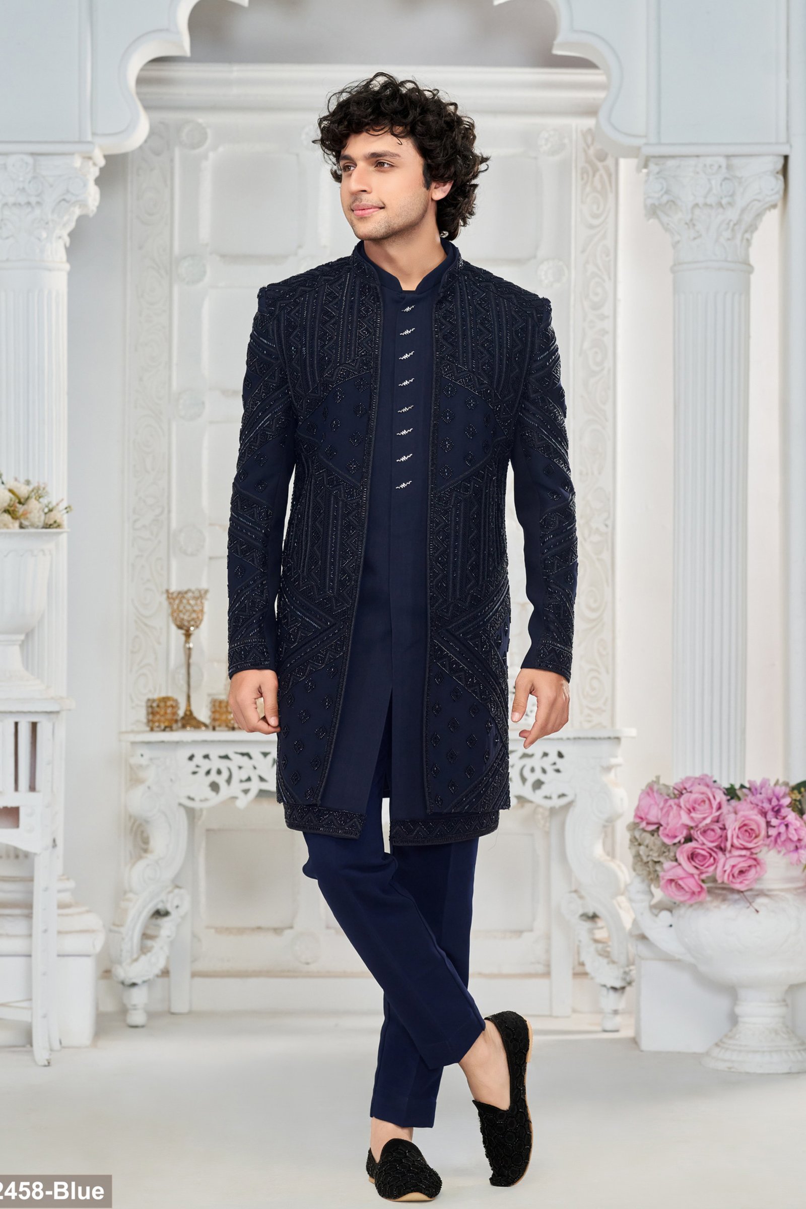 Designer Navy Blue Handwork Double Pattern Indo Western