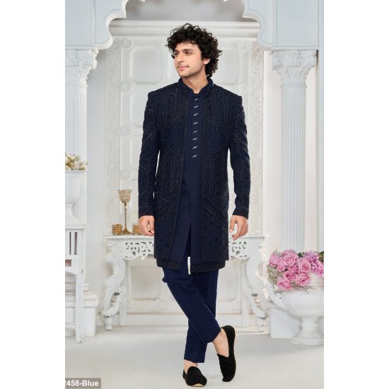 Designer Navy Blue Handwork Double Pattern Indo Western