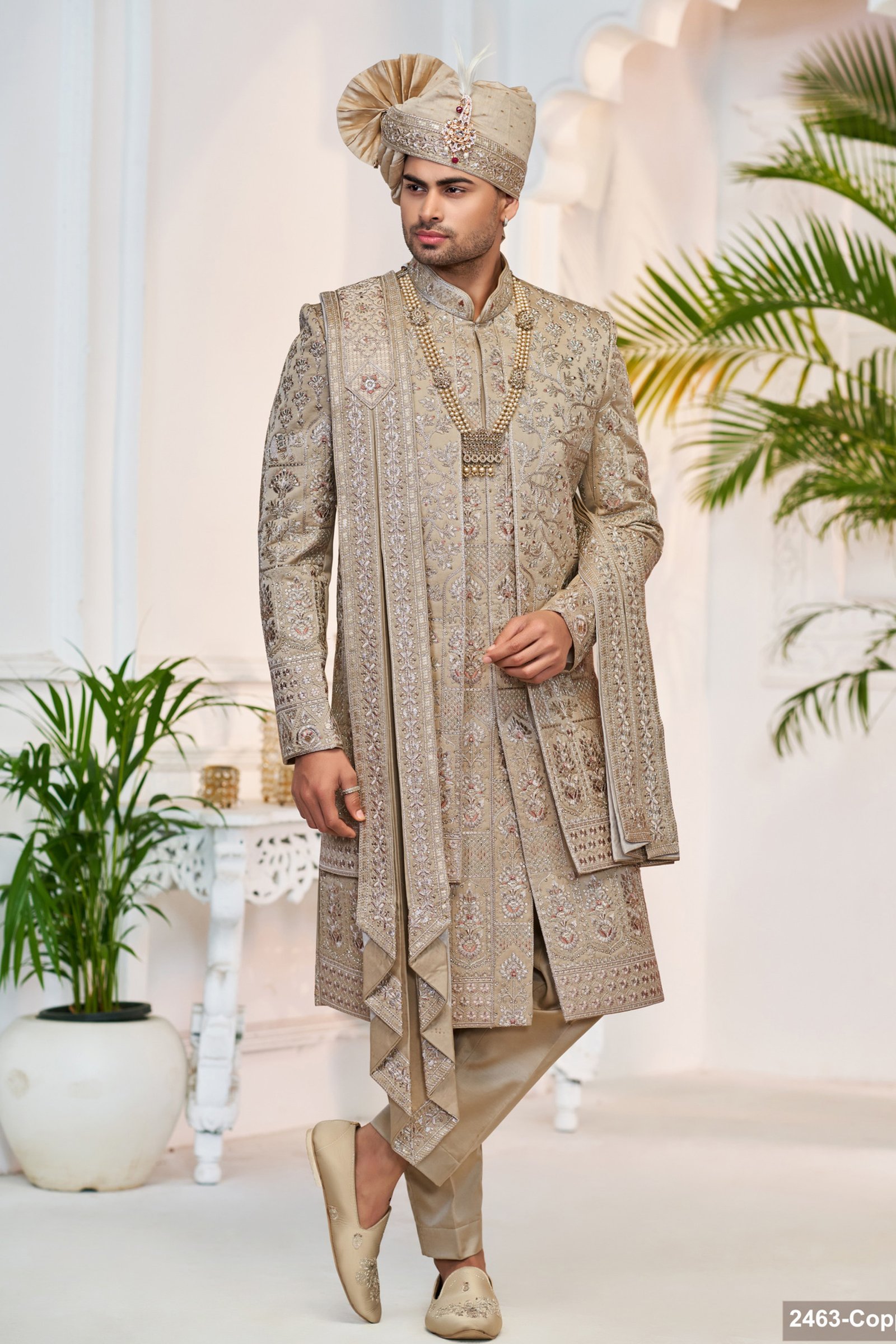 Designer Copper Colored Double Pattern Wedding Sherwani