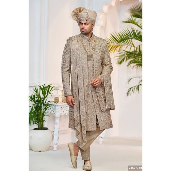 Designer Copper Colored Double Pattern Wedding Sherwani
