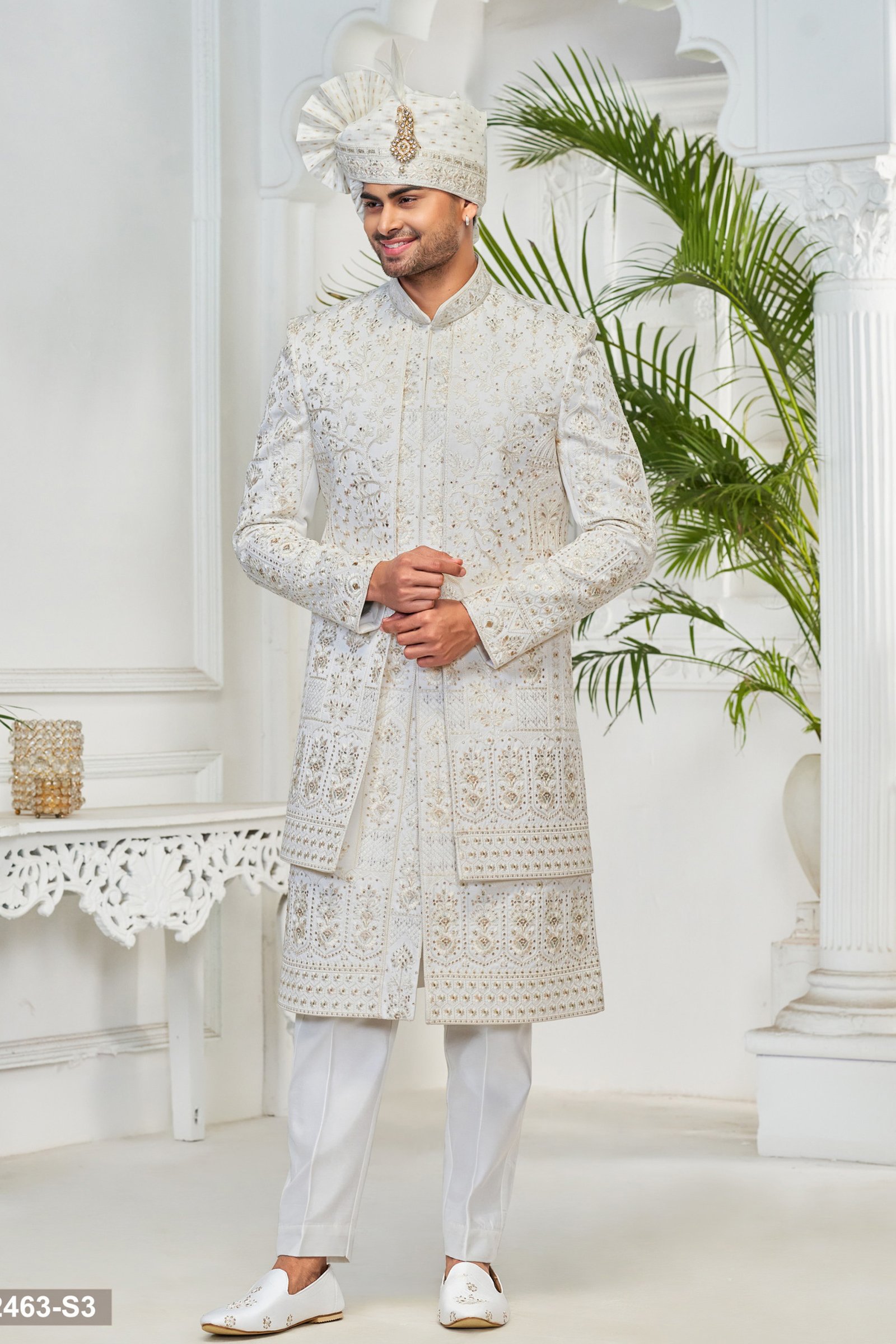 Designer White Embroidered & Sequence Work Sherwani