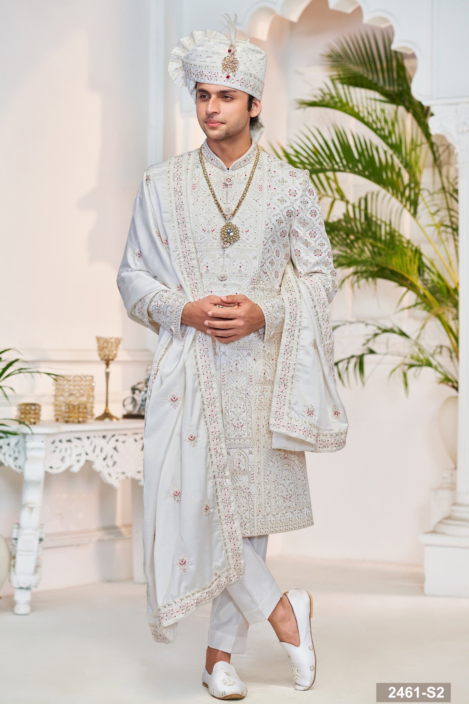 Designer White Mehroon Touch & Stone Work Wedding Sherwani