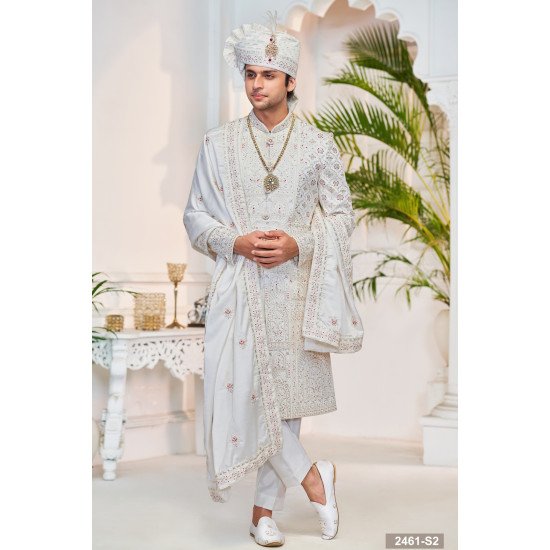 Designer White Mehroon Touch & Stone Work Wedding Sherwani