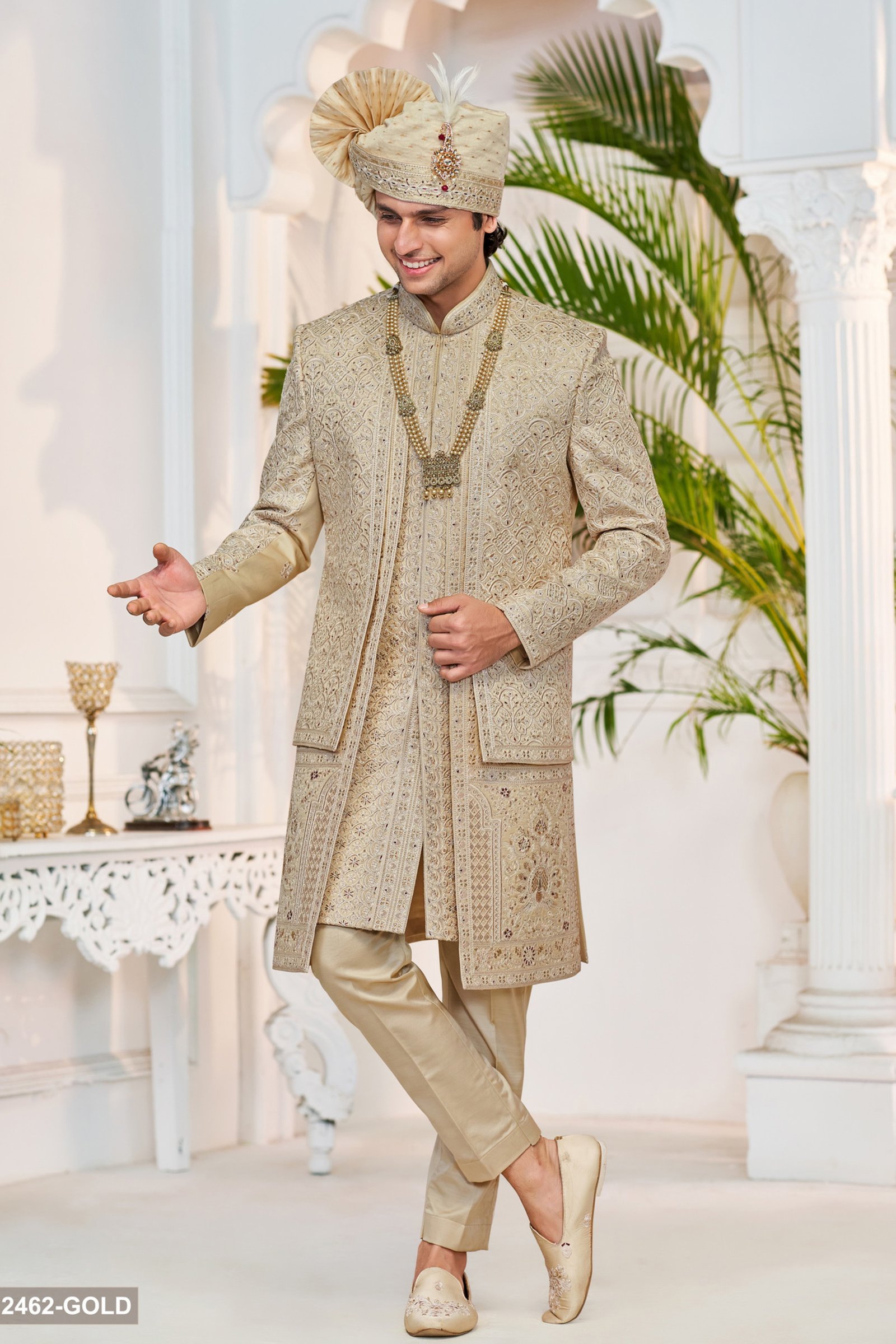 Designer Copper Colored Three Layer Wedding Sherwani