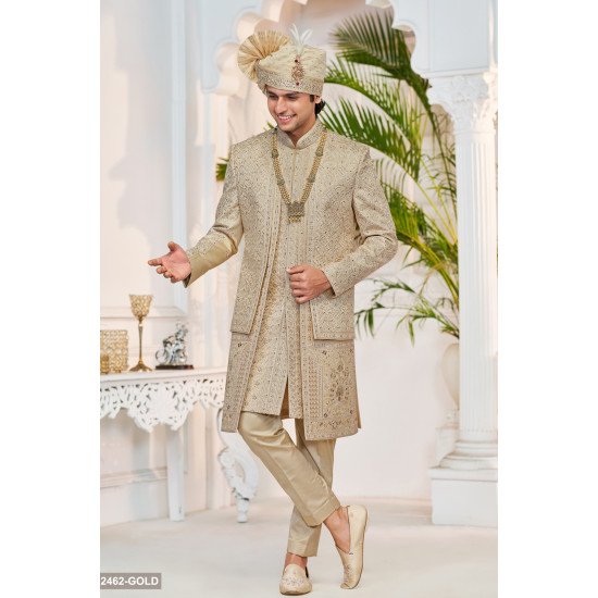 Designer Copper Colored Three Layer Wedding Sherwani