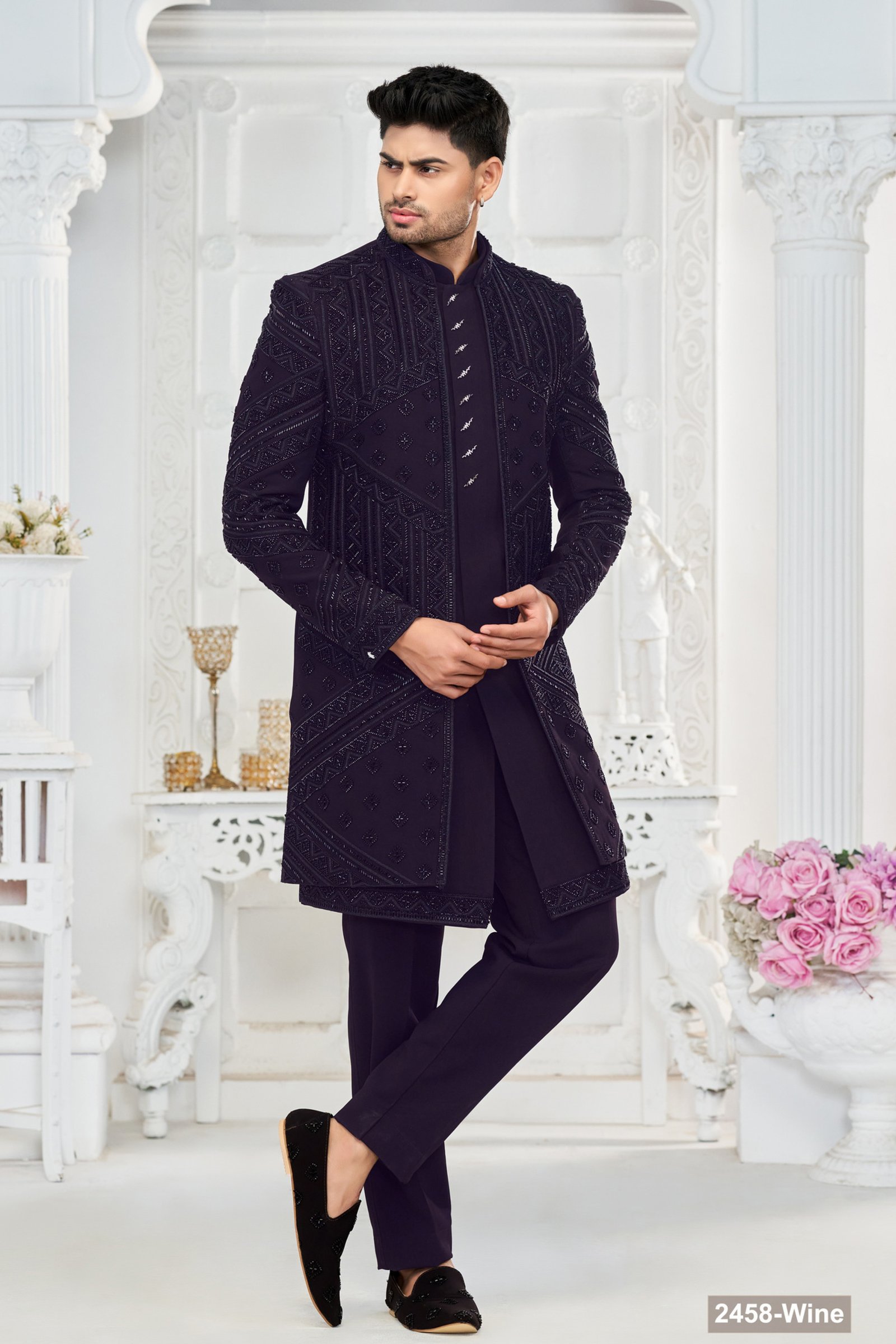 Desinger Wine Handwork Double Pattern Indo Western For Groom
