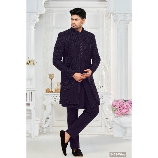 Desinger Wine Handwork Double Pattern Indo Western For Groom